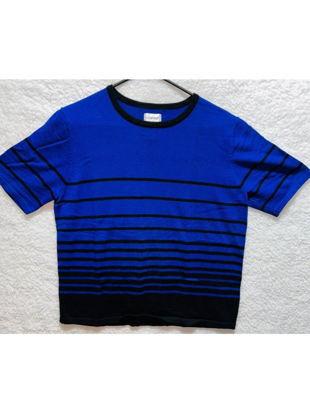 Liz Baker Womens Large Blue & Black Striped Short Sleeve Sweater Top